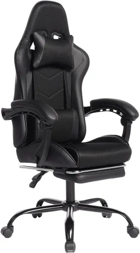 Miniatura 15 de Silla de escritorio para juegos para adultos, silla ergonómica para juegos con reposapiés, reposacabezas y soporte lumbar, material de cuero, altura