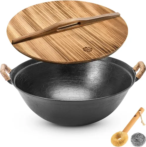 WANGYUANJI Wok de hierro fundido hecho a mano de 11.8 pulgadas con asas dobles, pequeño wok chino de fondo redondo para 1 a 2 porciones, sartén sin