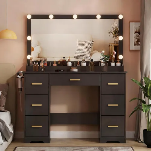Miniatura 7 de Escritorio de tocador de 44 pulgadas con espejo grande de 38 pulgadas y 9 luces LED y parte superior de cristal y toma de corriente, juego