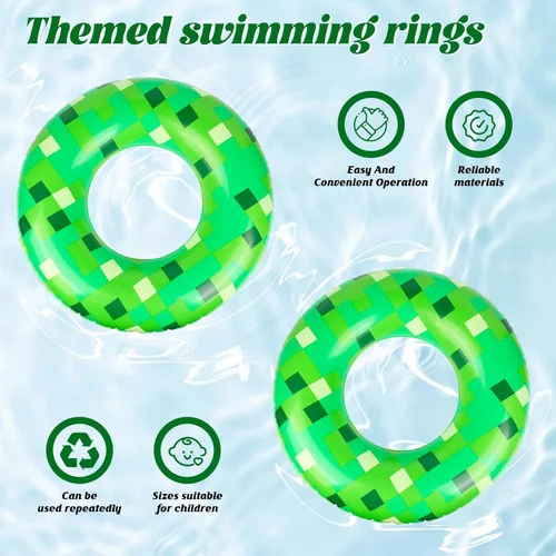 Miniatura 3 de 3 flotadores inflables para piscina con temática de píxeles verdes de 24 pulgadas, vibrantes flotadores de piscina para verano y tubos de piscina