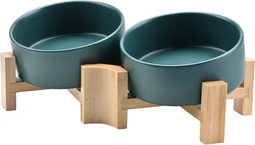Miniatura 10 de SPUNKYJUNKY Cuenco de cerámica inclinado de 15° para perros y gatos con soporte de madera, cuenco inclinado para comida y agua para bulldog Blanco
