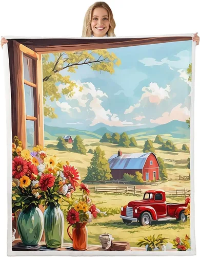 Miniatura 19 de Rustic Farmhouse Style Sherpa Blanket Retro Barn Truck Flannel Fleece Throw Blanket 40"x50" for Sofa Couch Country Daisy Flowers Ultra Soft Bed Blue