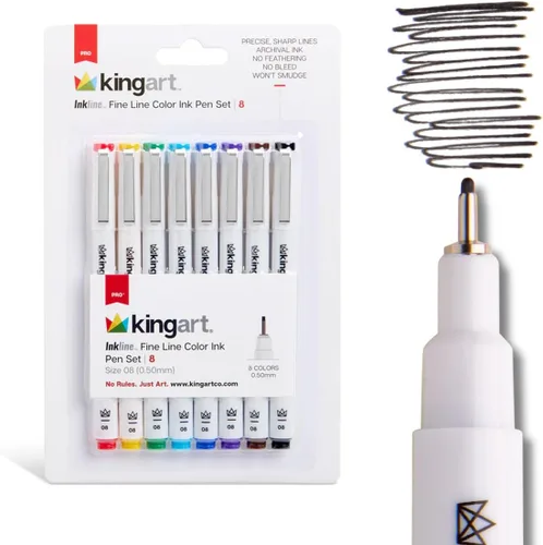 KINGART Inkline, juego de 8 bolígrafos únicos de tinta de color de línea fina, tamaño 08, surtido de 8 unidades (432-8)