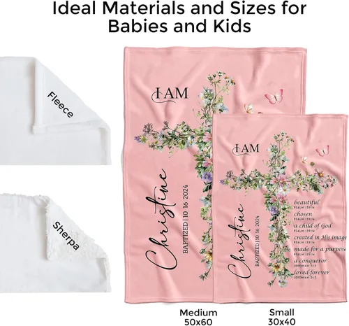 Miniatura 5 de MDPrints - Manta rosa de bautismo para niñas, regalos de bautismo personalizados para niñas, mantas de bebé personalizadas para niñas con nombre
