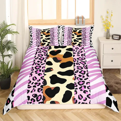 Miniatura 3 de Manfei Juego de funda de edredón de piel de animal, tamaño individual, funda de edredón con estampado de cebra de leopardo con 1 funda de almohada