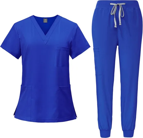 VIAOLI Conjunto de ropa quirúrgica clásica con cuello en V y pantalón deportivo de yoga, uniforme médico de enfermería para mujer, conjunto de