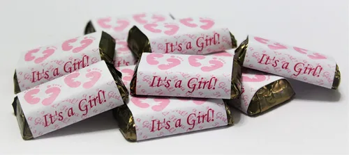 Miniatura 3 de Envoltura de barra de caramelo en miniatura de 60 huellas rosas para baby shower, decoración "It's a Girl", calcomanías, fabricado en Estados Unidos
