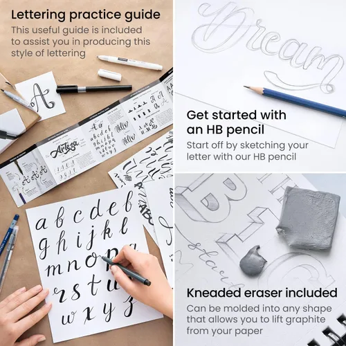 Miniatura 5 de ARTEZA Juego de 12 bolígrafos de mano para caligrafía y pincel con guía, lápiz, borrador para principiantes que aprenden letras a mano y escritura
