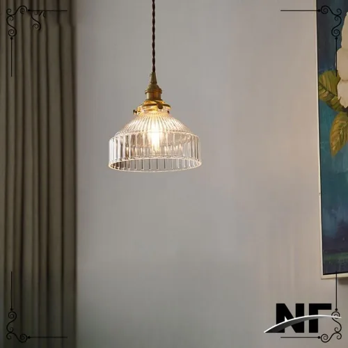 Lámpara colgante de cristal acanalado transparente vintage industrial, acabado de latón E27, lámpara colgante retro ajustable para isla de cocina,