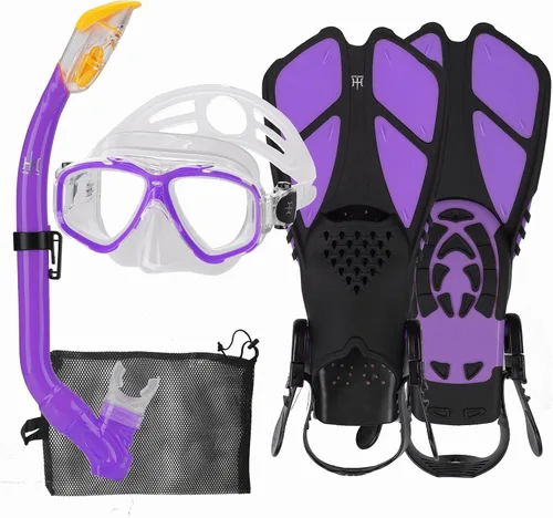 Miniatura 17 de Juego de esnórquel para niños con máscara, aletas, paquetes de esnórquel, con máscara de buceo, esnórquel, aletas ajustables para nadar, bolsa