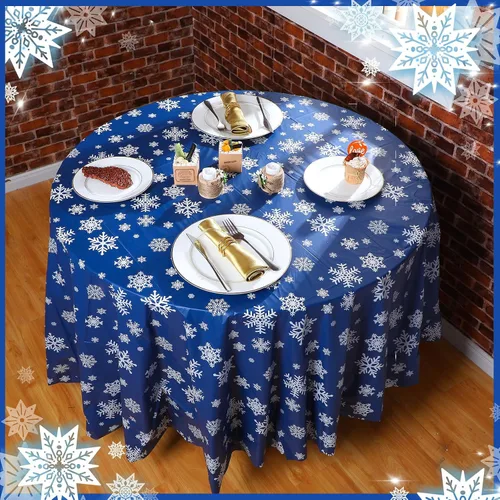 Miniatura 7 de Sliner 3 Piezas Mantel de Navidad de Invierno con Copos de Nieve Mantel de Invierno Redondo de Plástico para Fiesta 83.9 Pulgadas Mantel de Navidad