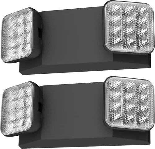Paquete de 2 letreros de salida LED negros con luces de emergencia y batería de respaldo, ajustable, cableado, 2 cabezales LED, certificado UL,