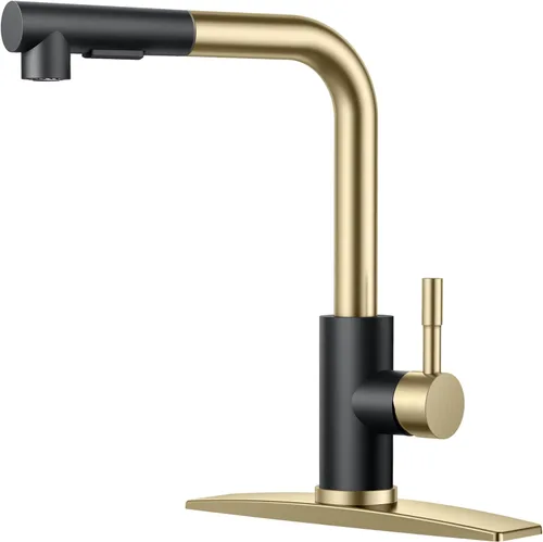 Miniatura 14 de FORIOUS Grifo de cocina negro con rociador desplegable, grifo clásico de acero inoxidable de una sola manija con salida extraíble para fregadero