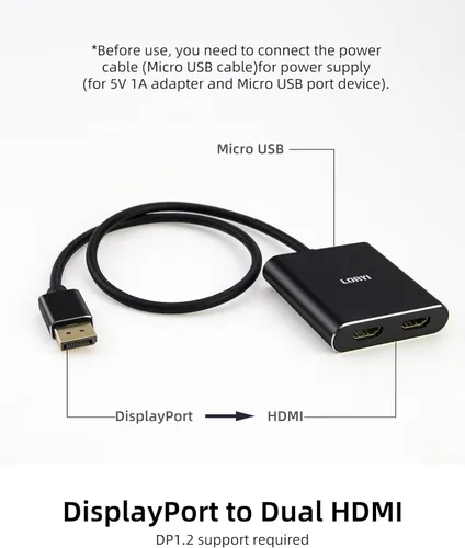 Miniatura 4 de DisplayPort a divisor HDMI dual, divisor multimonitor 4K 60Hz, monitor dual DP a 2 HDMI para computadora, laptop, tarjeta gráfica, PC, compatible