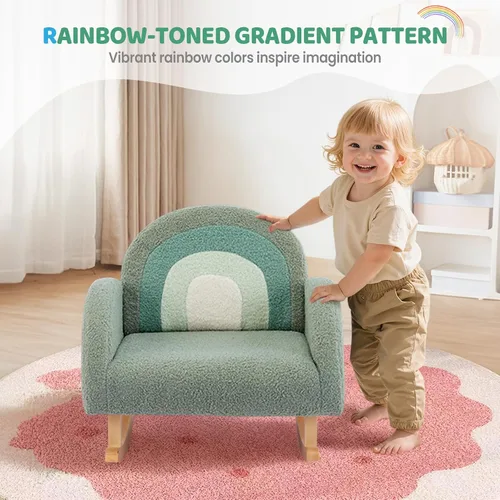 Miniatura 3 de JOYMOR Silla para niños, mecedora de forro polar con patas de madera maciza, diseño antipuntas, sofá infantil para guardería, sala de juegos, verde