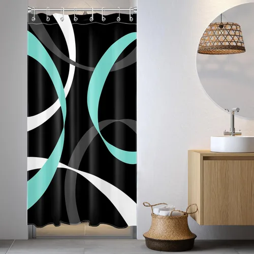 Miniatura 40 de LB Cortina de ducha abstracta rosa para baño, cortina de ducha de tela a rayas grises y blancas sobre fondo negro con ganchos, juego de cortinas