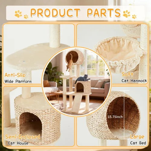 Miniatura 4 de Árbol de ratán para gatos, tejido a mano, moderno, ecológico, con poste rascador para interiores, grande, 60.2 pulgadas de alto, condominio de lujo