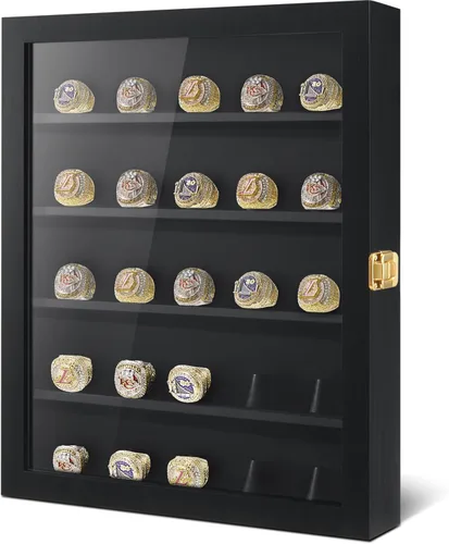 Beeveer 25 piezas de exhibición de anillo de campeonato de béisbol, soporte de pared con cerradura para montaje en pared, caja de sombra de madera