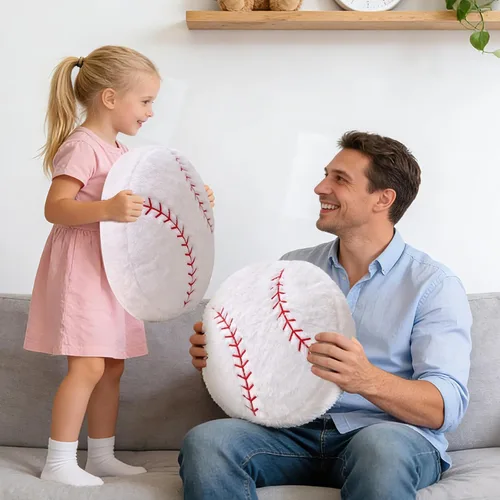 Miniatura 4 de Paquete de 2 almohadas de béisbol de felpa, suaves y esponjosas redondas con forma de béisbol para habitación de niños, decoración de sofá y cama