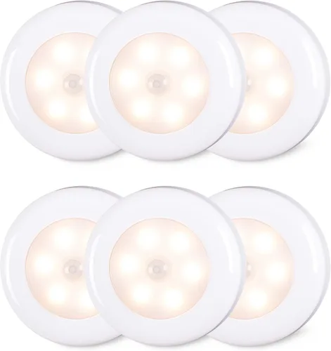 STAR-SPANGLED Paquete de 6 luces con sensor de movimiento de 2.8 pulgadas para interiores, funciona con pilas AAA, luz LED para pegar en escaleras,