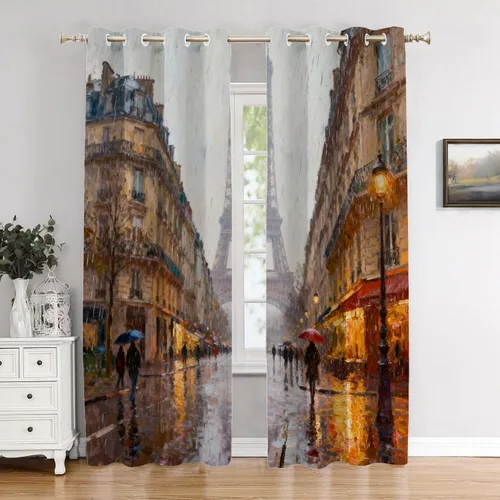 Miniatura 125 de Cortinas opacas de cocina con pintura al óleo de Europa rosa y negra para ventanas, cenefas opacas modernas de torre Eiffel de poliéster multicapa