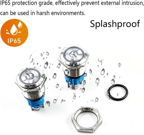 Miniatura 4 de Gebildet 2 piezas Botón de presión de cierre LED azul impermeable 110-230VAC/15Amp 16 mm Interruptor de botón de acero inoxidable impermeable