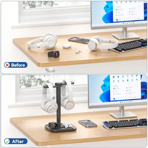 Miniatura 5 de KDD Soporte doble para auriculares para escritorio, colgador giratorio para auriculares con soporte para teléfono, base antideslizante extraíble