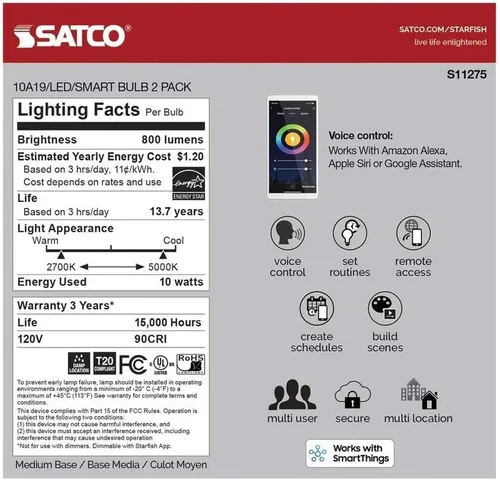 Miniatura 4 de Satco S11275 Starfish A19 Bombilla LED inteligente LED que cambia de color, funciona con Siri, Alexa, Google Assistant, SmartThings, 2700K-5000K