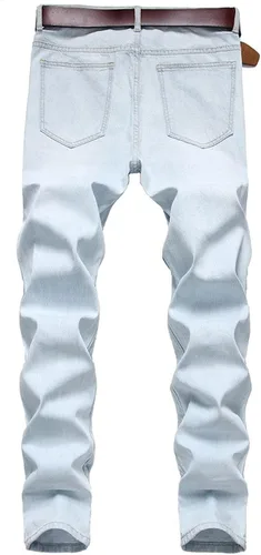 Miniatura 4 de Jeans rasgados a rayas laterales para hombre, corte recto, desgastados, con agujeros destruidos, pantalones de mezclilla casuales ajustados