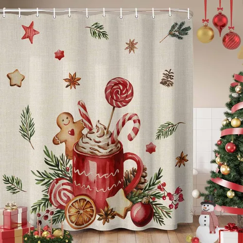 Miniatura 7 de Cortina de ducha navideña para baño, 72 x 72 pulgadas, diseño de hombre de jengibre retro, café, capuchino, cortina de ducha de lino con ganchos