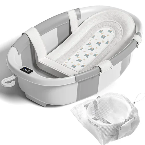 Miniatura 8 de Bañera plegable para bebés, bañeras para bebés recién nacidos con cojín suave y termómetro y bolsa de malla organizadora de juguetes, bañera