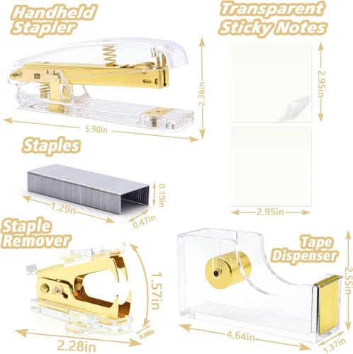 Miniatura 2 de Suministros de oficina dorados, accesorios de escritorio dorados de UPIHO, juego de grapadora y dispensador de cinta con grapadora grande