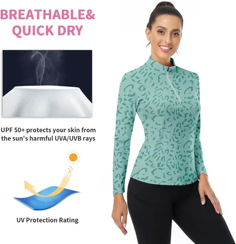 Miniatura 37 de WOWENY Camiseta deportiva de manga larga para mujer, con cremallera de un cuarto, cuello para entrenamiento, camiseta de tenis con estampado