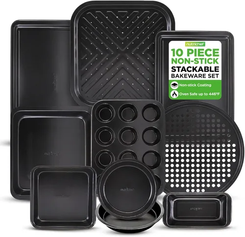 Miniatura 9 de NutriChef Set de 10 piezas de bandejas para hornear - Juego de utensilios de horno de acero al carbono de lujo con revestimiento antiadherente gris