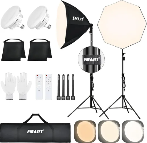 EMART Softbox - Kit de iluminación con bolsa de arena, 25.5 pulgadas de diámetro con 2 bombillas LED de control remoto de 135 W, 3000-6500 K, kit de