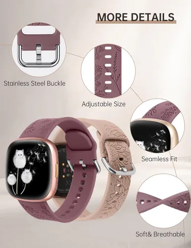 Miniatura 3 de Minyee Paquete de 2 correas grabadas florales compatibles con Fitbit Versa 4/Versa 3/Sense 2/Sense Band para mujer, lindo diseño de girasol