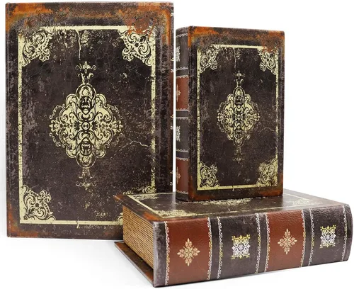 Jolitac Cajas decorativas de madera para libros, paquete de 3, cajas de almacenamiento secretas de estilo vintage, contenedores de almacenamiento de