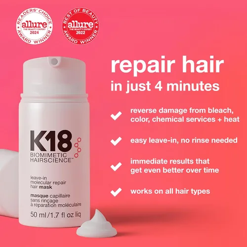 Miniatura 2 de K18 Mascarilla molecular sin enjuague de tamaño completo, repara el cabello seco o dañado, revierte el daño del cabello por blanqueador