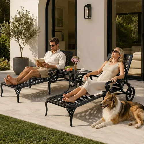 Miniatura 8 de VINGLI Tumbona de aluminio fundido para exteriores con ruedas, tumbona de patio con respaldo ajustable de 3 posiciones, silla reclinable