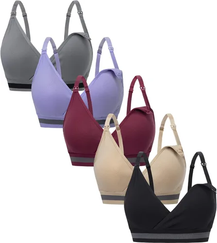 Suekaphin Paquete de 5 brasieres de lactancia con cuello en V profundo para lactancia, maternidad para dormir, sin varillas, brasier de lactancia,