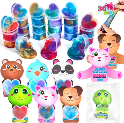 JOYIN 30 piezas de juguetes de limo de galaxia para el día de San Valentín con bonitas tarjetas temáticas, juego de slime para aliviar el estrés con