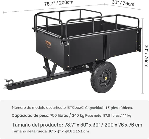 Miniatura 7 de VEVOR Remolque Resistente para ATV Carro de Descarga de Acero, 750 libras 15 Pies Cúbicos, Remolque Utilitario de Jardín Remolques de Patio con Negro