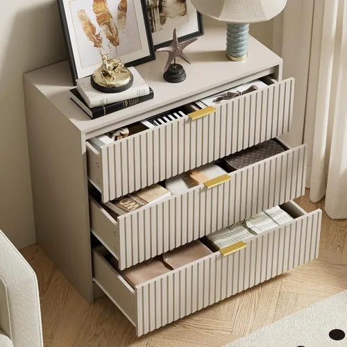 Miniatura 4 de Furniway - Cómoda color beige para habitación, moderna, 3 cajones y deslizadores suaves, cómoda ancha con jaladeras doradas para sala o armario