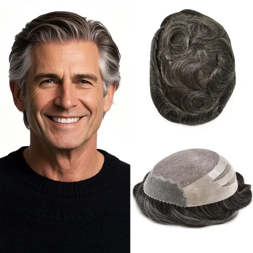 Miniatura 8 de LYRICAL HAIR Sistema de cabello humano Toupee de repuesto para hombre, monofilamento para hombre, postizo de polietileno PU, unidad de cabello