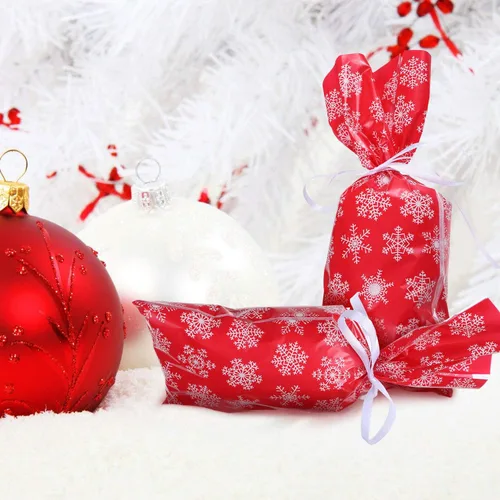 Miniatura 5 de Boao 100 piezas de bolsas de celofán para golosinas de Navidad con copos de nieve, bolsas de dulces para regalos con cinta para la fiesta de Navidad