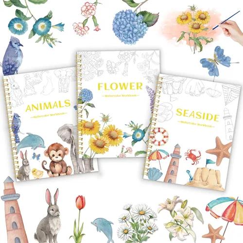 3 libros de acuarela para colorear para principiantes, libros para colorear para adultos con paso a paso, 3 temas esenciales para libros de colorear