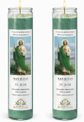 SAN Judas-ST Jude/PAQUETE DE 2 Veladoras Preparadas con Cuarzos - Velas fijas con cuarzo, Casa de Bendiciones, verde, ligeramente perfumada