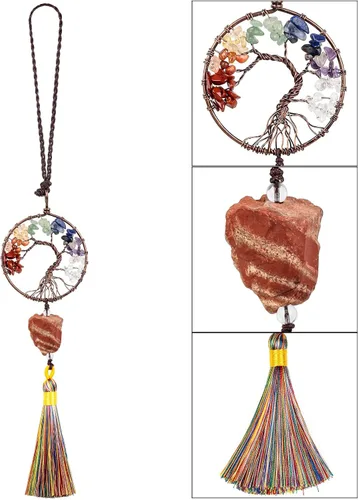 Miniatura 3 de rockcloud Adorno colgante de árbol de la vida de 7 chakras con borla de piedra cruda irregular para pared, automóvil, hogar, boda, jaspe rojo