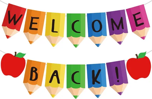 AnyDesign Cartel de regreso a clases, 2 cuerdas, guirnalda de banderines de bienvenida premontada, lindo arco iris, manzanas, pancarta decorativa
