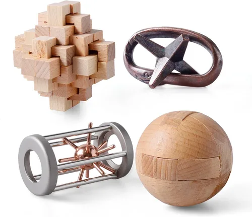 4 piezas de rompecabezas de madera y metal, regalo para niños y adultos, juguetes educativos de oficina, desbloqueo 3D, entrelazado, surtido de